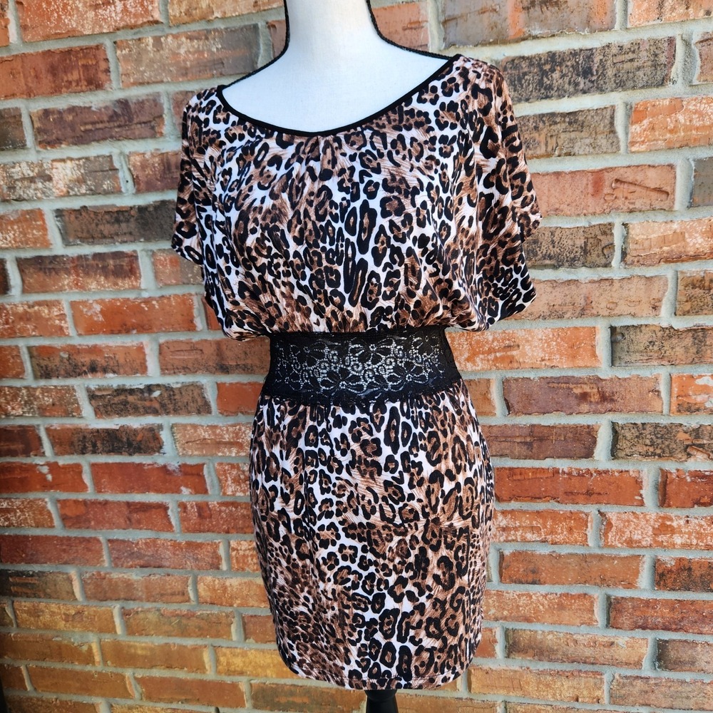 Vintage Y2K 5th Culture Womens Medium Leopard Print Black Lace Club Party Dress